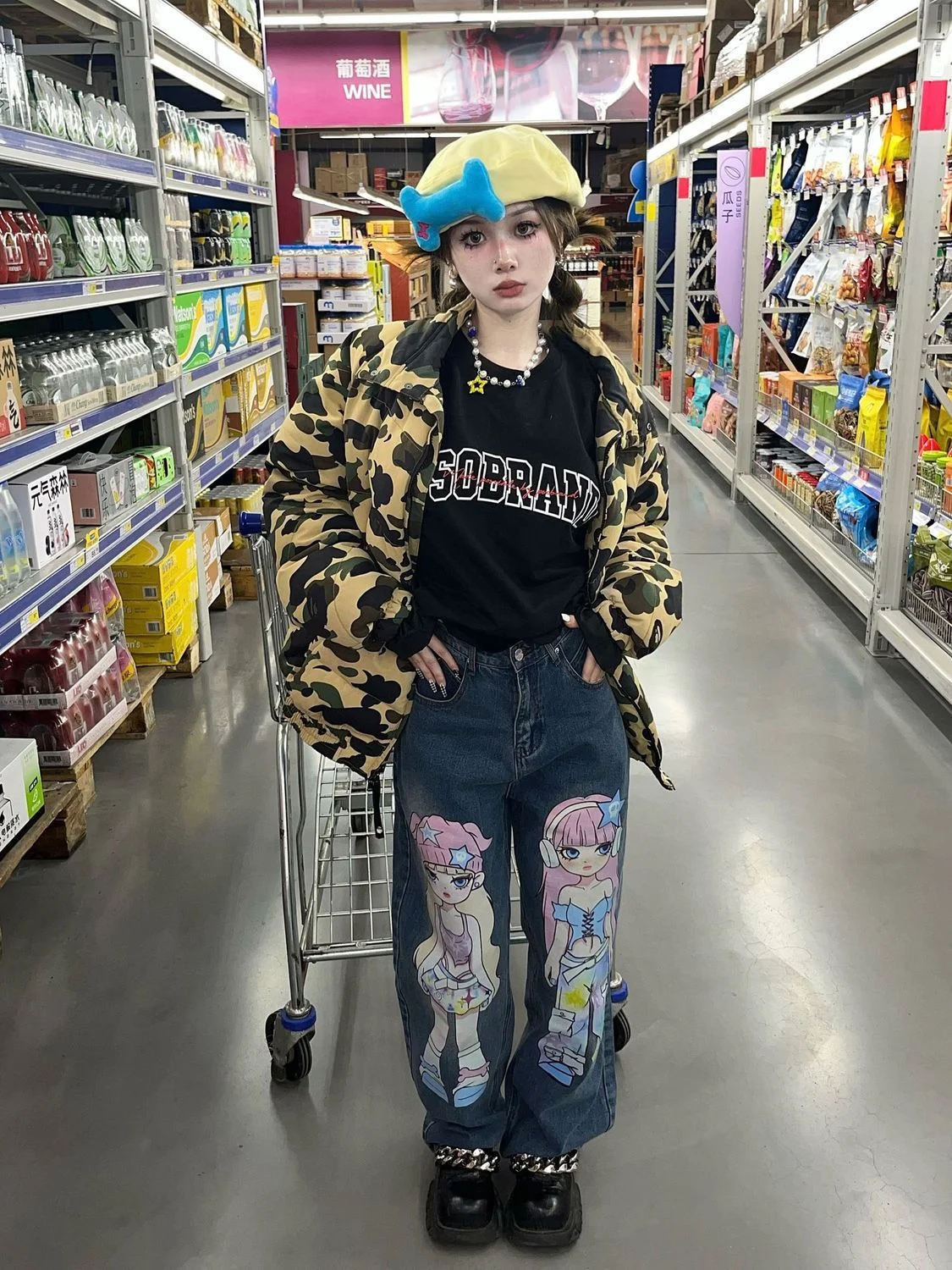Hip Hop Vintage Print Jeans Anime Harajuku Straight Pants Loose Versatile Baggy Pants Casual Trousers Boyfriend Jeans For Women