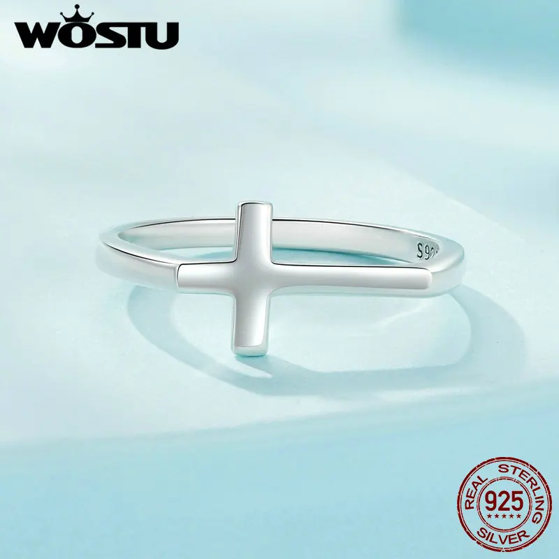 WOSTU Real Sterling Sier Simple Cross Finger Ring for Women Daily Wear Guard Female Jewelry Gift For Daugther Family