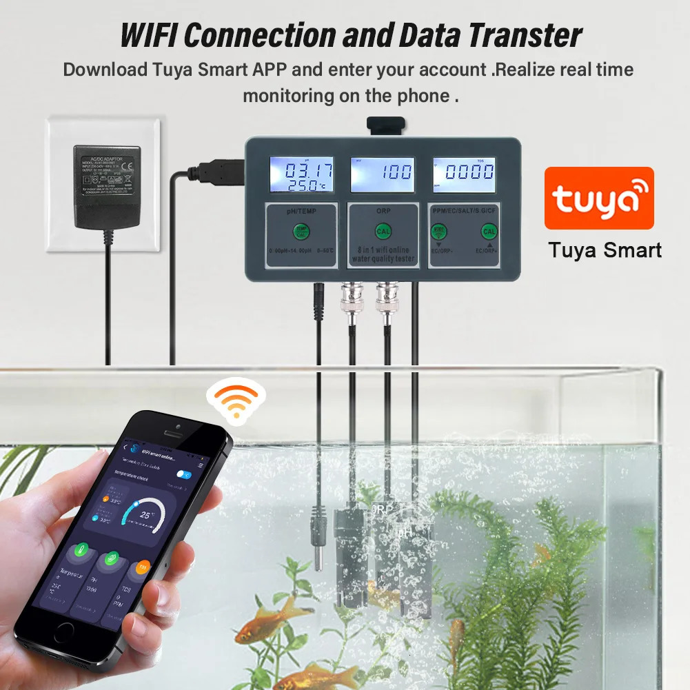 Yieryi WiFi Tuya Smart PH ORP TDS EC SALT S. G TEMP CF Monitor Meter Online Aquarium Water Quality Tester Data Logger Controller 240320