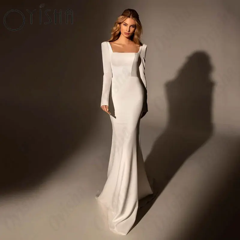 OYISHA Square Collar Mermaid Wedding Dresses Simple Full Sleeves 2025 Satin Bridal new Gowns For Woman Exquisite Sexy Vestido De Mariages