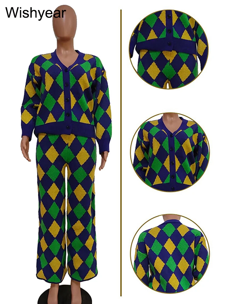 Casual Colorful Rhombic Lattice Knitted Long Sleeve Sweaters Tops and Wide Leg Pants 2 Piece Set Women Birthday Street Outfits