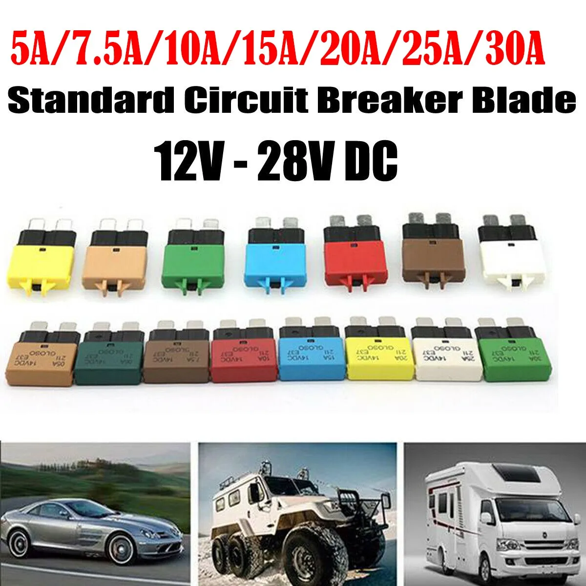 1Pcs Circuit Breaker Blade Fuse 12V 24V Resettable 5A-30A Marine Automatic Reset Circuit Breaker Fuse For RVs Marine Automotive