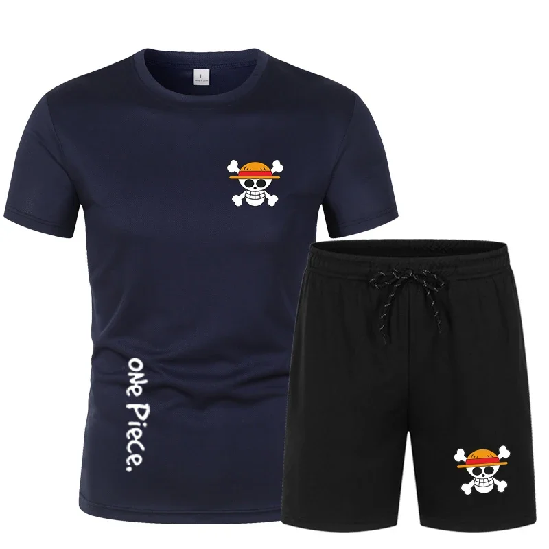 Summer Men's Kawaii Japanese Anime One Piece Sportswear Shorts Set Short Sleeve Breathable Grid T-Shirt & Shorts Casualwear