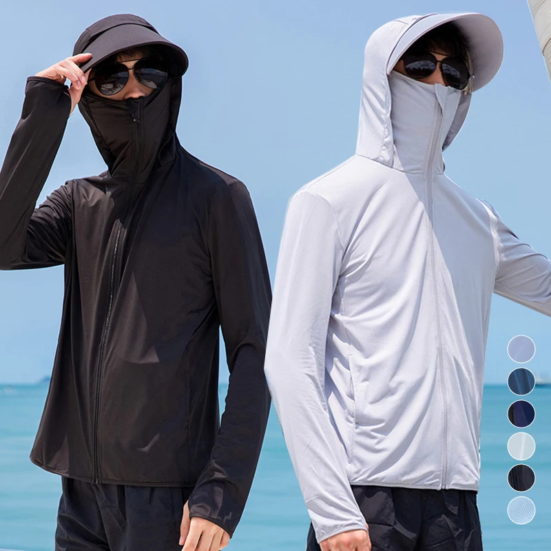Summer Sunscreen Hoodie Tops Tees Outdoor Face-covering Fishing Hooded Thin Ice Silk Breathable UPF 50+ Men's UV Sun Protection