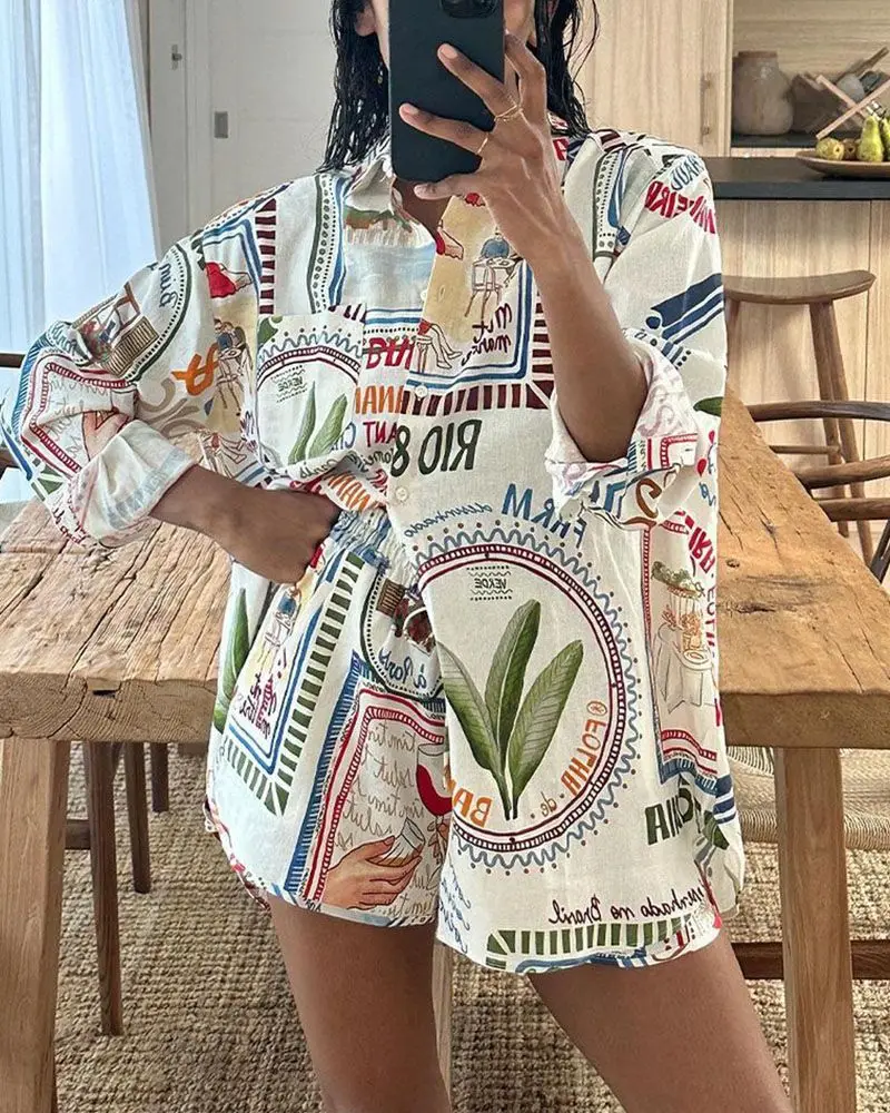 Two-Piece Set Women Geometric Print 2025 new Shirt Pants Set,Long Sleeve,Polo,Button,Loose Shirt,Top,Wide Leg Trousers,Linen,Blouse Suits