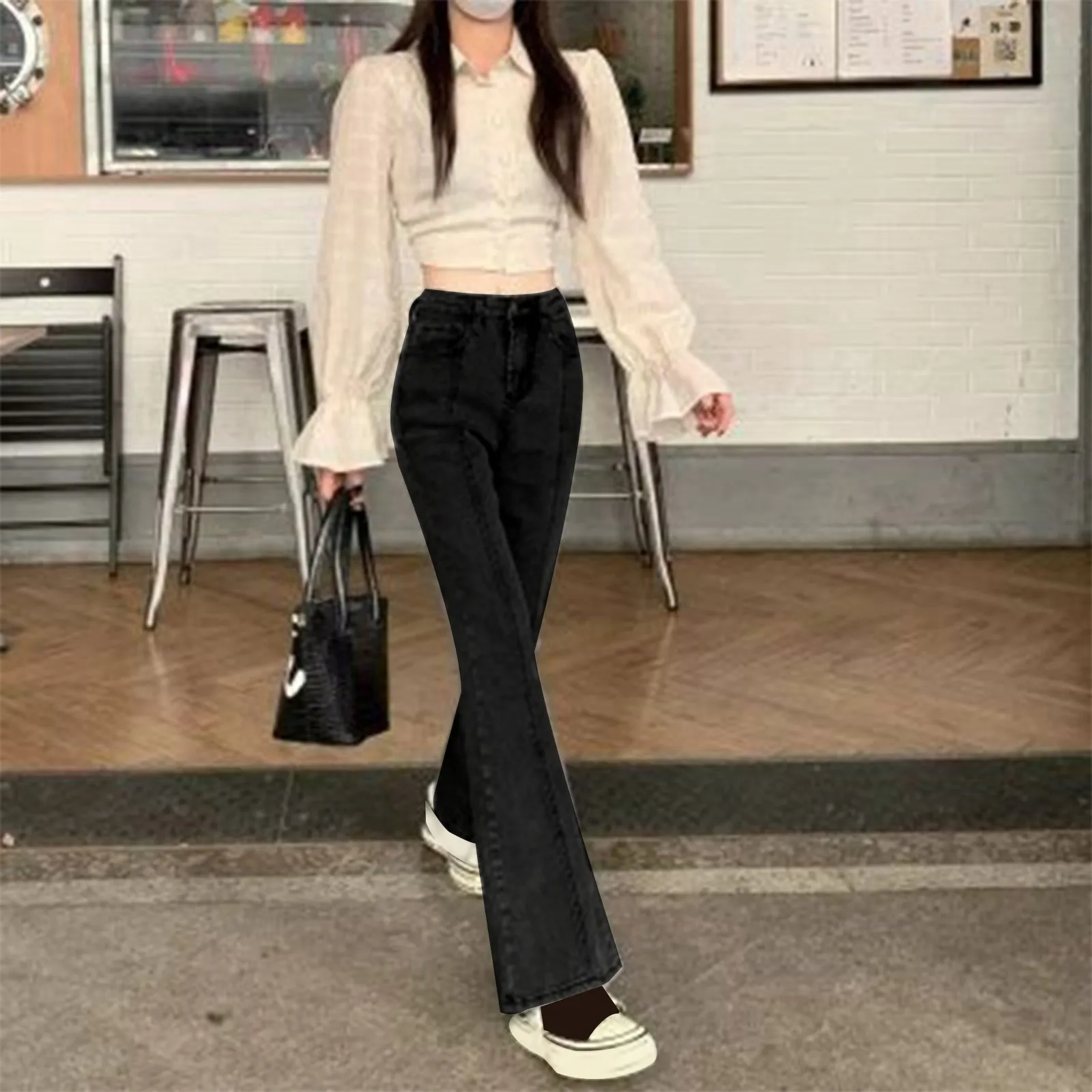 Skinny Flared Pant Jeans Women High Waist Retro Micro Pear Shape Shows Thin Trouser Denim Pants S