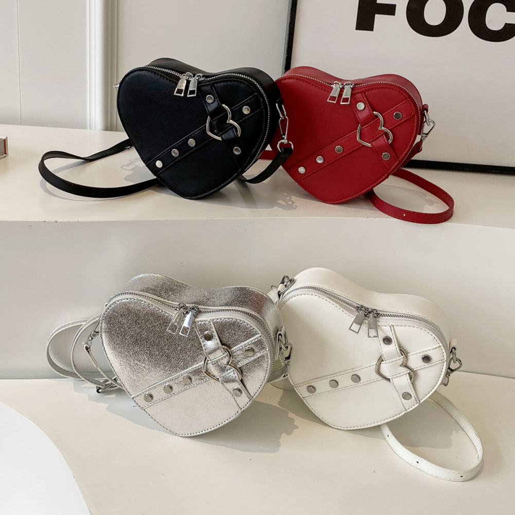Vintage Y2K Small Chain Rivet Shoulder Bag Heart Shaped Purse Handbags Pink PU Leather Gothic Tote Bags Ladies Crossbody Bags