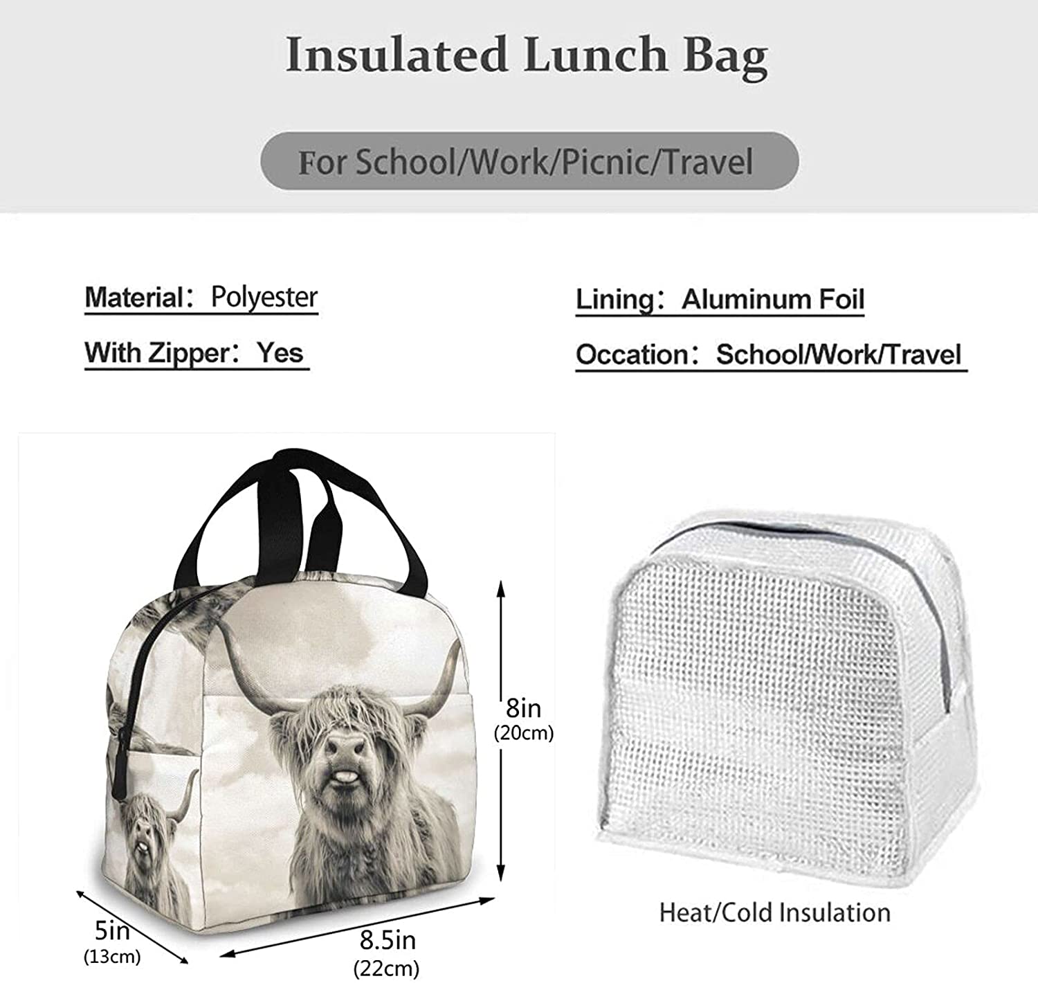 Funny Highland Cow Lunch Bags for Men Women Insulated Lunch Box Cooler Tote Bag for Work Travel Picnic, Multicolor
