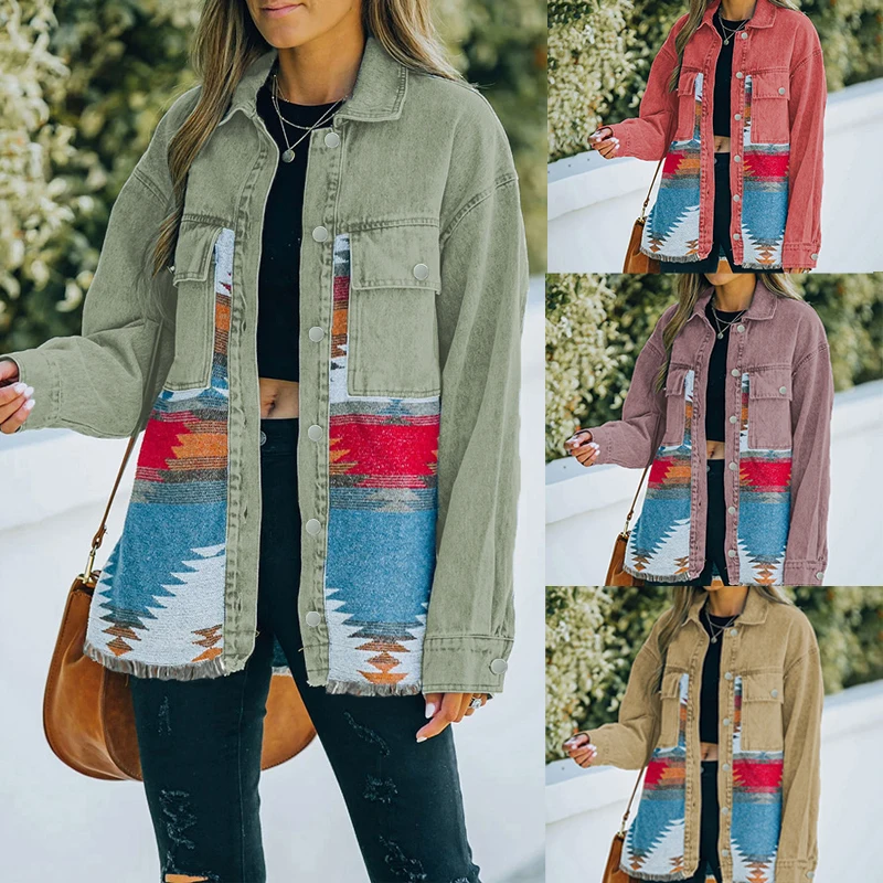 Denim New 2023 Retro Jacket Long Sleeved Pocket Lapel Loose Vintage Denim ing Wool Women's Retro Jacket smile