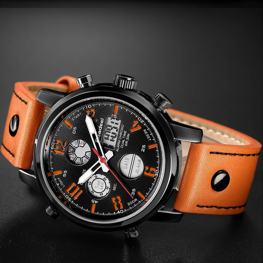 READEEL Sport Watches for Men Dual Display Waterproof Quartz Genuine Leather Wristwatch Digital LED Clock Male Relogio Masculino