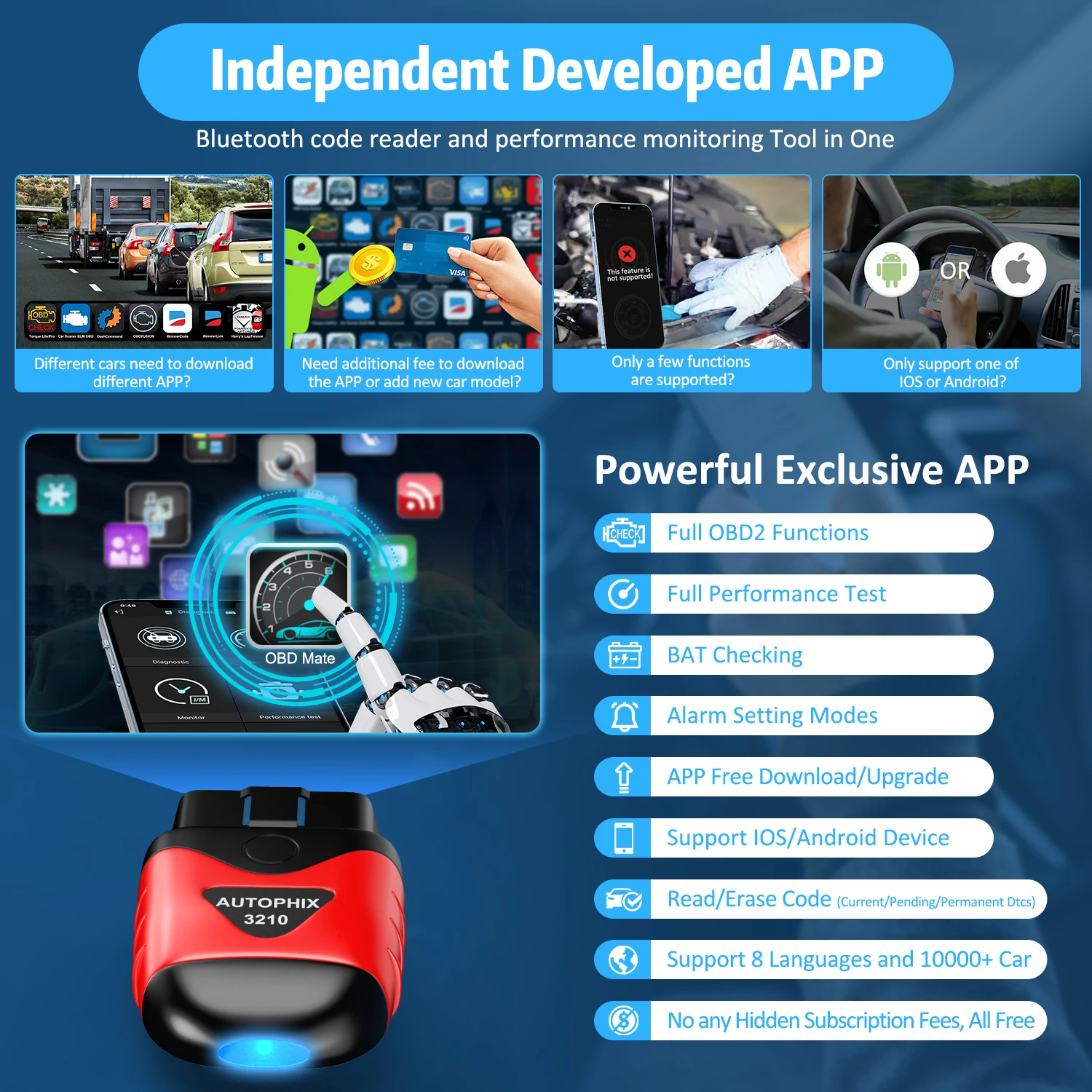 AUTOPHIX 3210 Car Bluetooth OBD2 Scanner Code Reader Auto Professional OBD 2 Diagnostic Scan Tools Battery Test Alarm Setting
