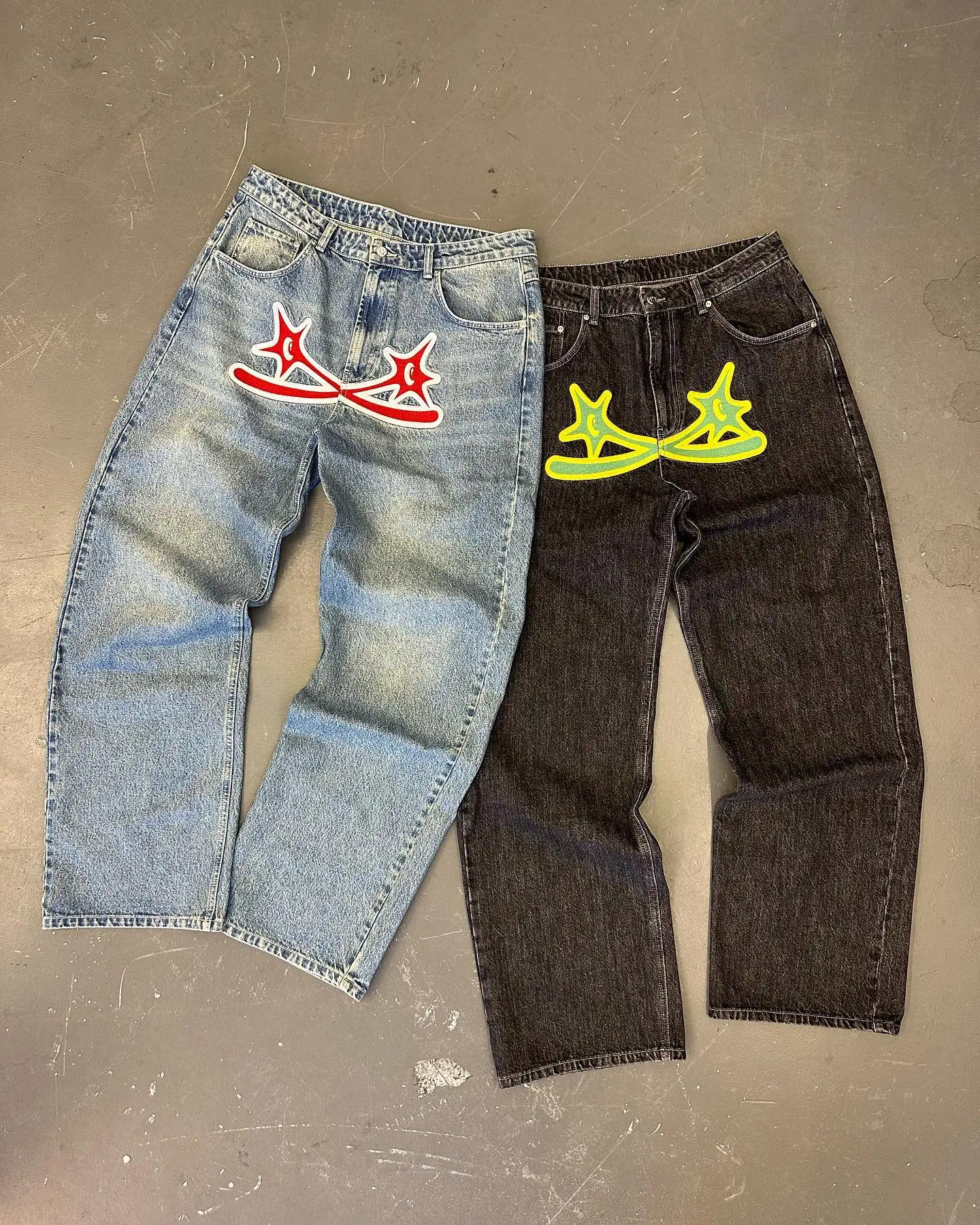 PROTECT Y2k New Hip Hop Cross Star Print Jeans Gothic Retro Baggy Blue Black Men Denim Pants Punk Straight Trousers Streetwear
