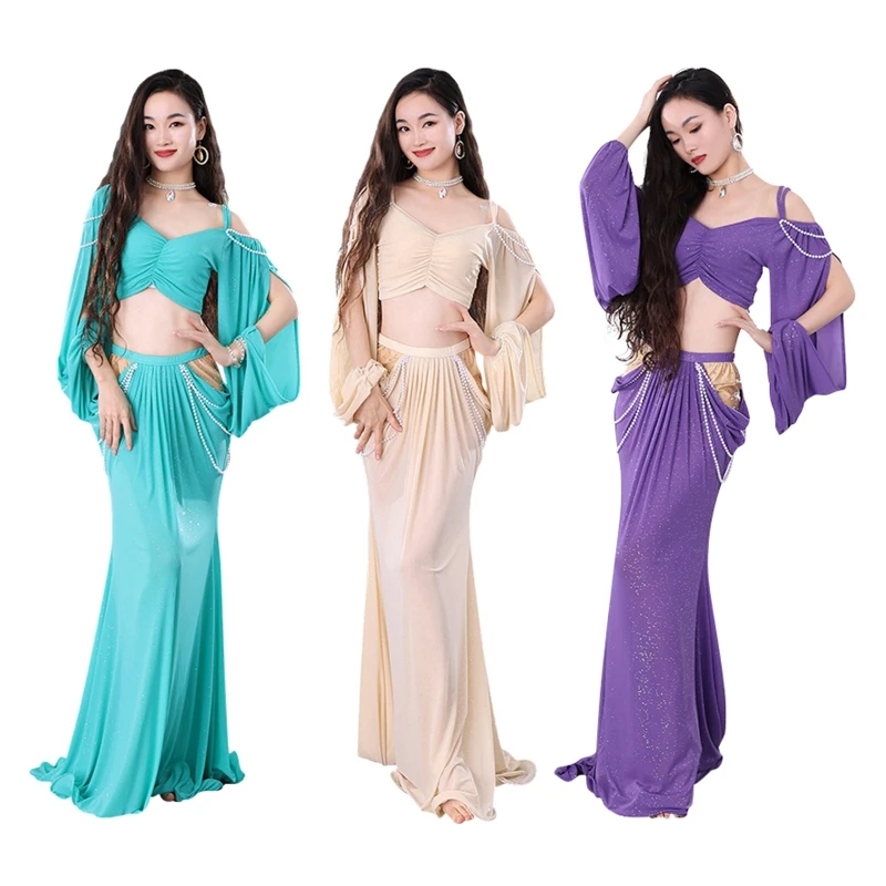 Sexy Two Piece Belly Dance Costume Set For Women Elegant Cut-out Long Sleeve Hollow Camisole With High-Rise Slim Long Skirts
