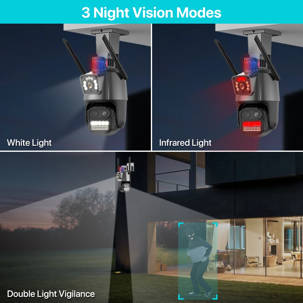 Outdoor PTZ Camera 9MP 4K HD 8X Hybrid Zoom Three Lens Dual Screen Wifi IP Camera 4MP Police Light Alarm CCTV Surveillance iCSee