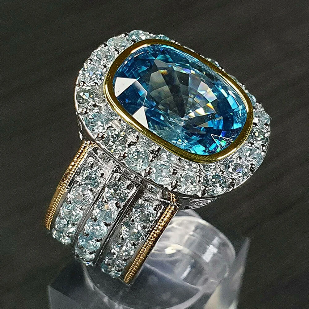 Huitan Brilliant Sky Blue CZ Women Rings Two Tone Bridal Wedding Evening Party Accessories Lady Ring Statement Jewelry Wholesale