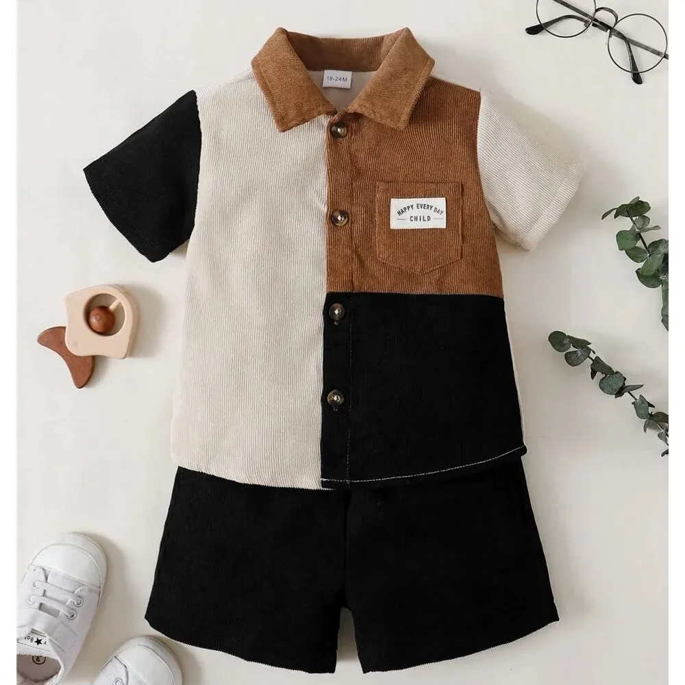 1-6 Boy Years Kids 2PCS Suit Color Blocking Shirt+Solid Color Shorts Handsome All Match Wear Summer Daily Clothes for Boy Shirt+Solid smile Shirt+Soli
