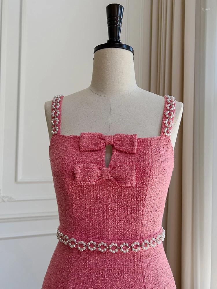 Casual Dresses Tweed Solid Beaded Design For Women Strapless High Waist Sleeveless Elegant Dress Female Spring 3WM792