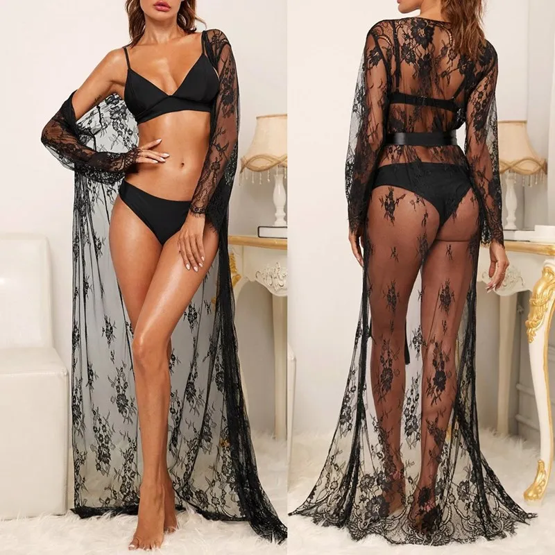 Bathrobe Women Femme Long new Sleeve Nightgowns Women Sexy Lace Wedding Bride Robes Bridesmaid 2025 Long Gowns Sheer Kimono Robe