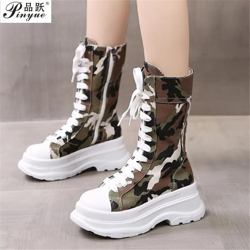 Brand New Chains High Heels Height Increasing Black Camouflage Gothic Style Skidproof Platform Casual Sneakers Shoes Boots Women
