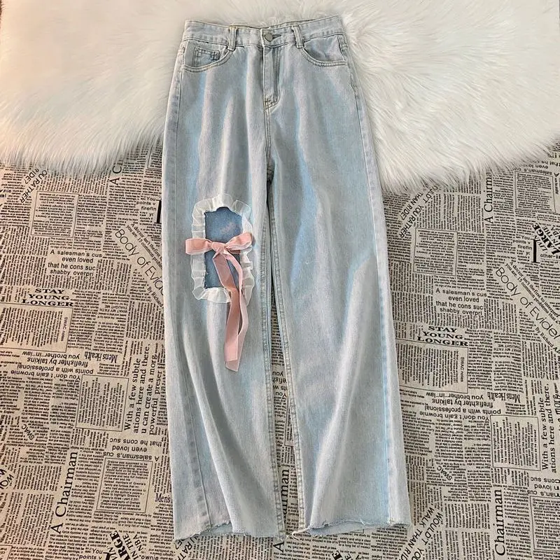 Denim Pants Sweet Bow Lace-up Lace Hole 2025 Wide Leg Pant Summer new High Waist Y2k Japan Style Jeans Women Haruku Light Blue Belt