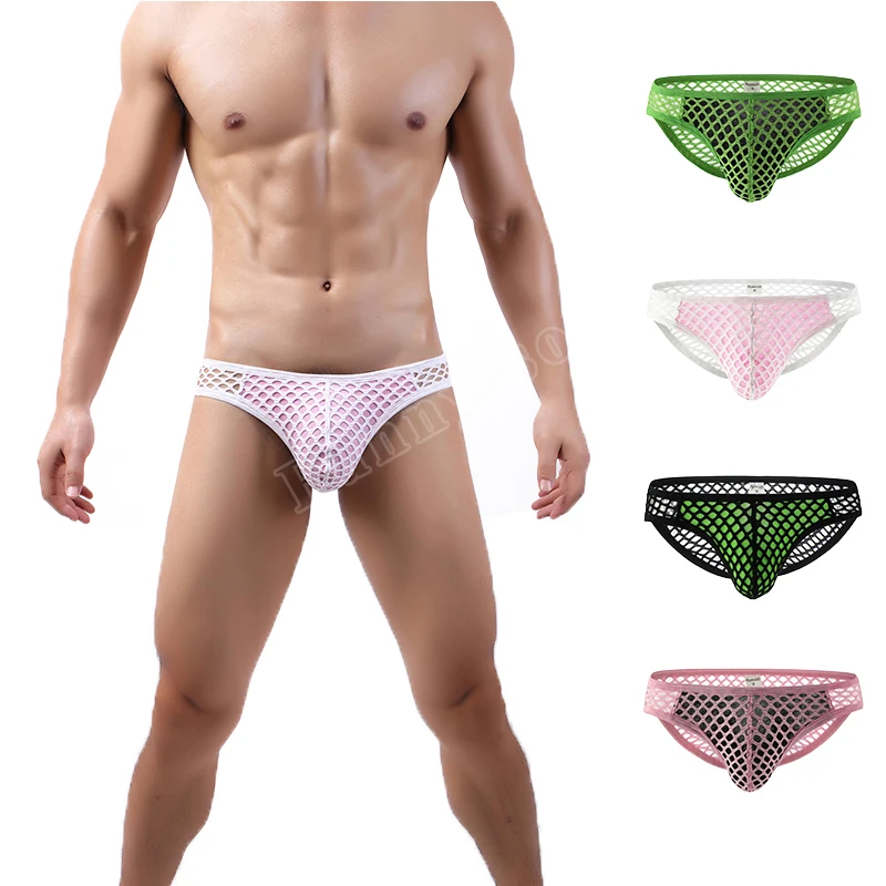 Summer Men's Small Briefs Sexy Fishnet Japanese Style U Convex Bag Transparent Hollow Large Mesh Male Student Underpants