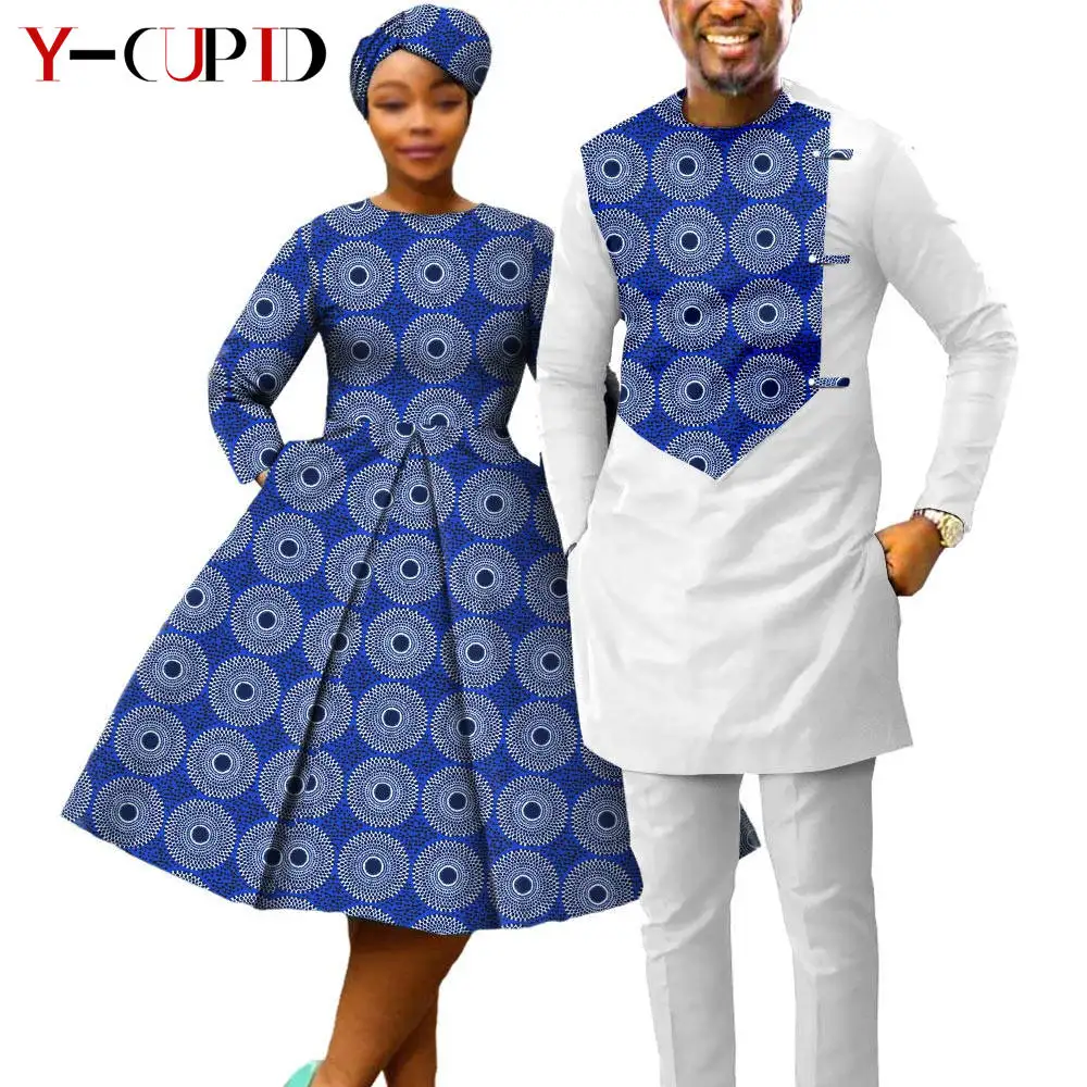 African Print Dresses for Women with Headwrap Matching Couple Outfits Dashiki Men Long Sleeve Pathwork Top and Pant Sets Y23C004