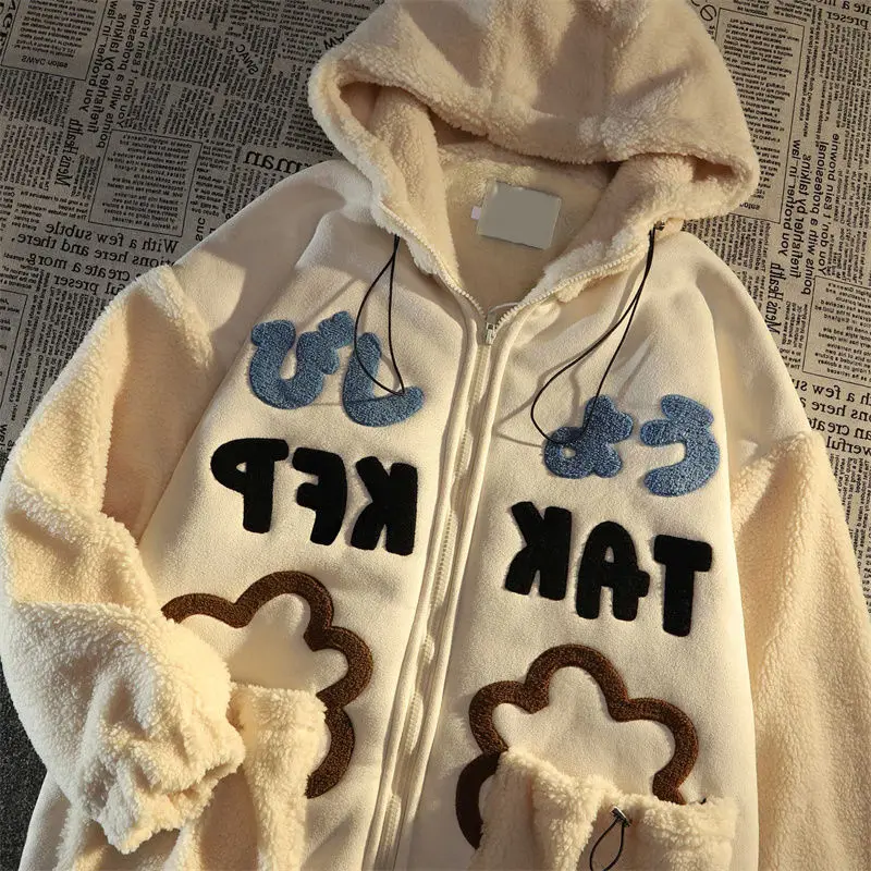 Japanese Retro Design Like Lambswool Stitching Sweater Coat Female Y2K Loose Plus Velvet Padded Hooded Cotton-Padded Jacket
