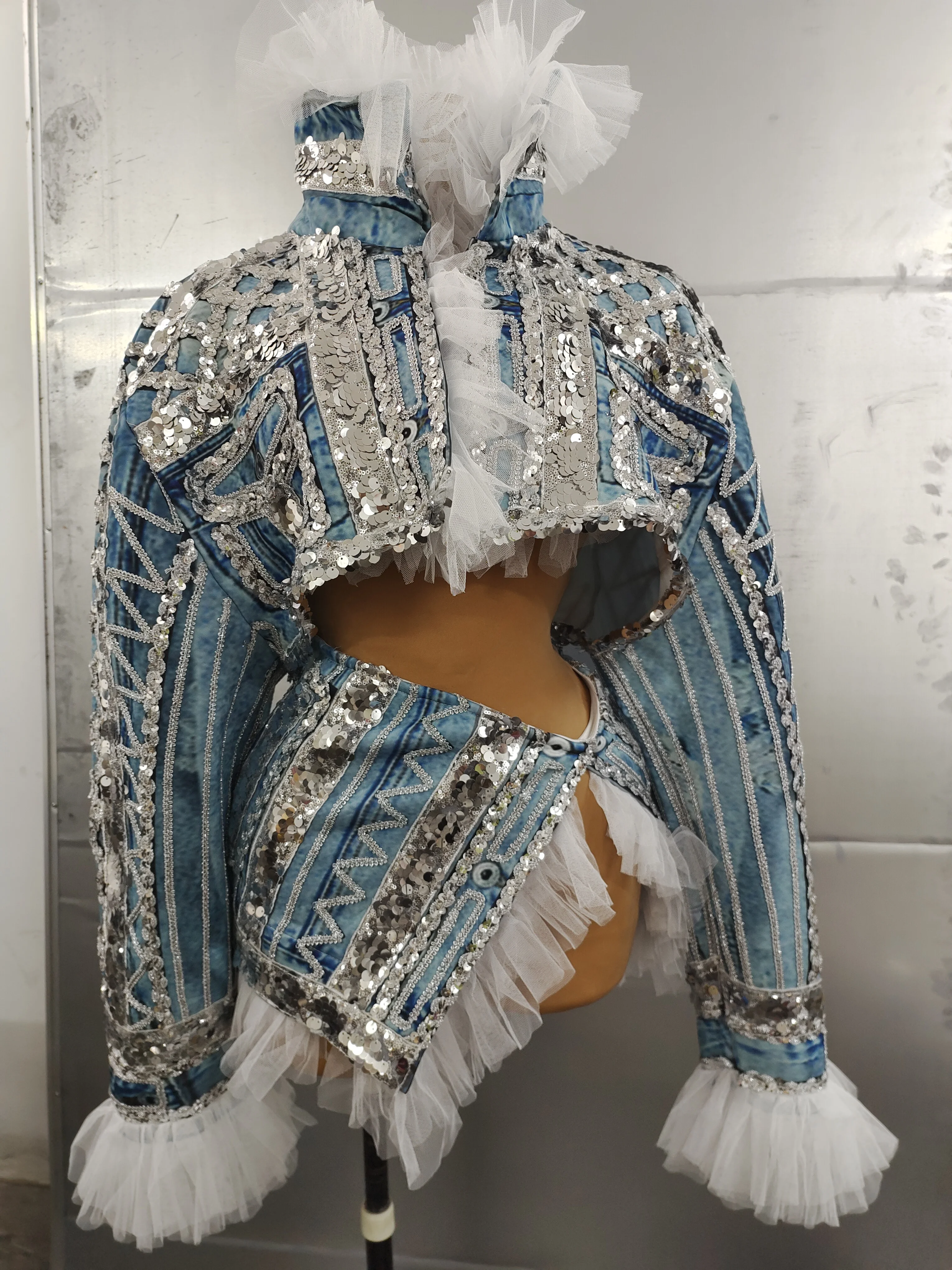 Birthday Party Dance Nightclub Singer Performance Top Skirt Sexy Stage Blue Jean Pattern 2 Pieces Set Sequins Costume Outfit