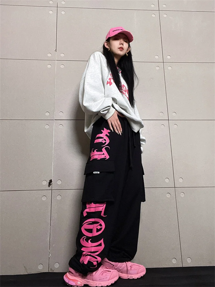 QWEEK Y2K Korean Style Jogging Sweatpants Women Streetwear Kpop Letter Print Cargo 2025 new Pants Oversize Haruku Egirl Sports Trousers