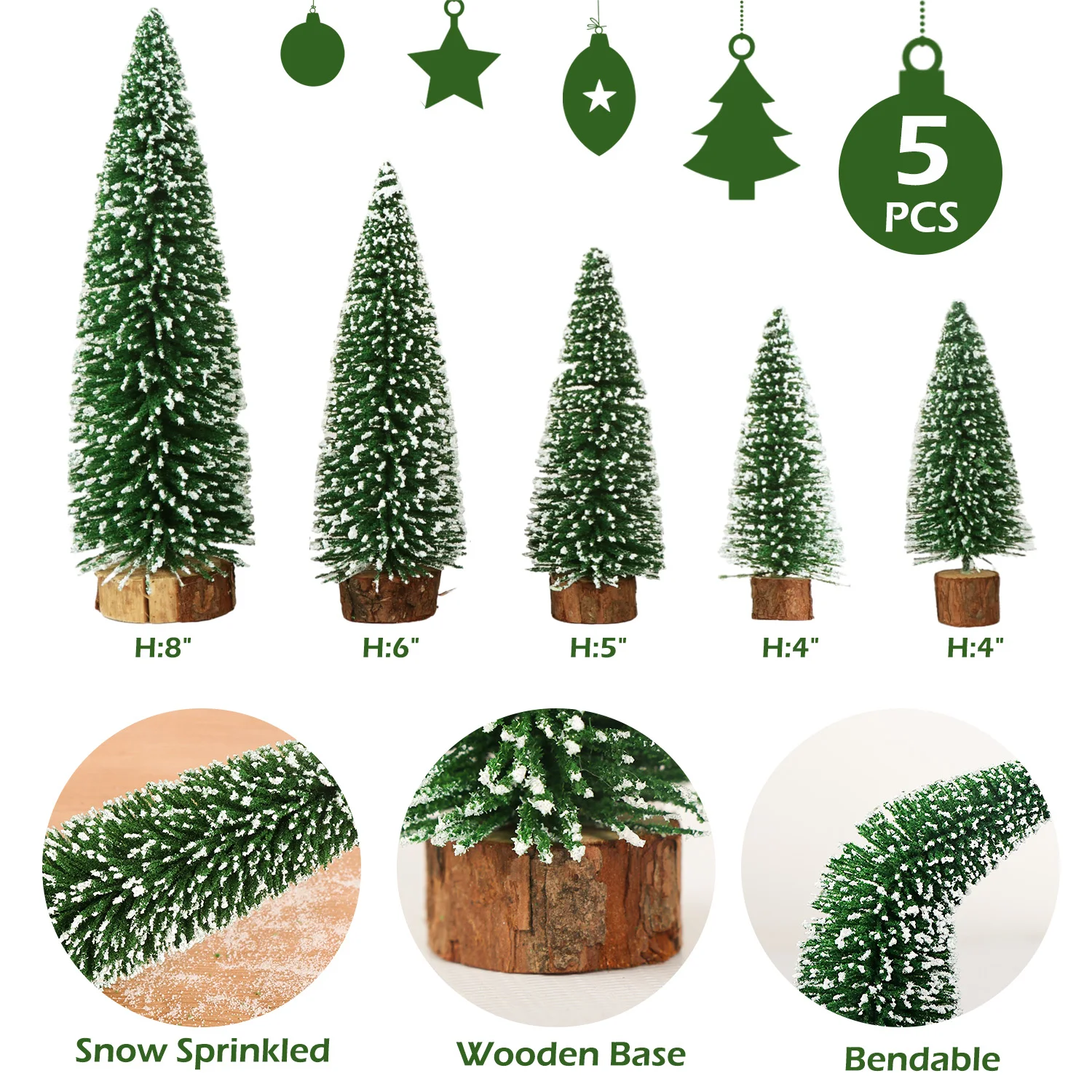 5Pcs Mini Christmas Trees Flocked Bottle Brush Christmas Trees with Wooden Bases Christmas Trees for Tabletop Christmas Decor