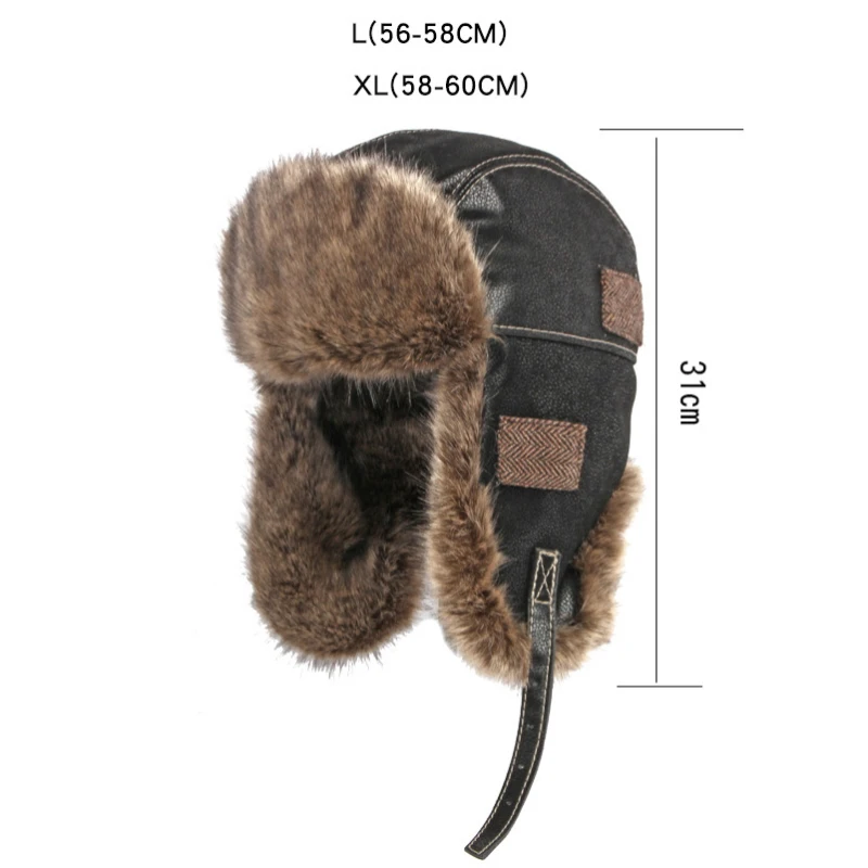 HT4098 Russian Hat Thick Warm Leather Winter Hat Men Women Windproof Fluffy Fur Bomber Hat Ski Earflap Cap Russian Ushanka Hat
