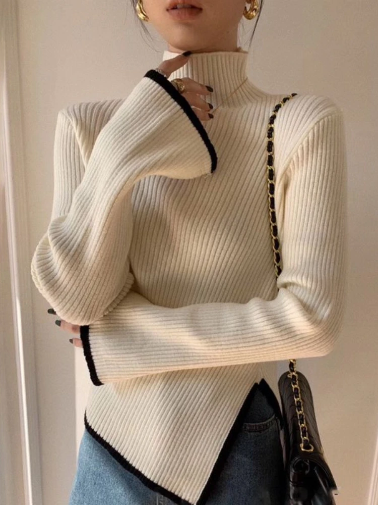 Deeptown Elegant Turtleneck Sweater Women Korean Old Money Style Slim Contrast Color Jumper Autumn Winter Casual Knitwear Tops