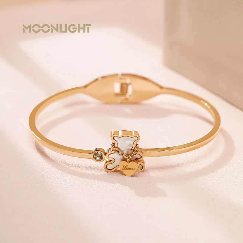 MOONLIGHT Women's Trendy Cute Teddy Bear Bangle Rose Golden Natural Shell Wristband Bangles Party Jewelry Chiristmas Gifts