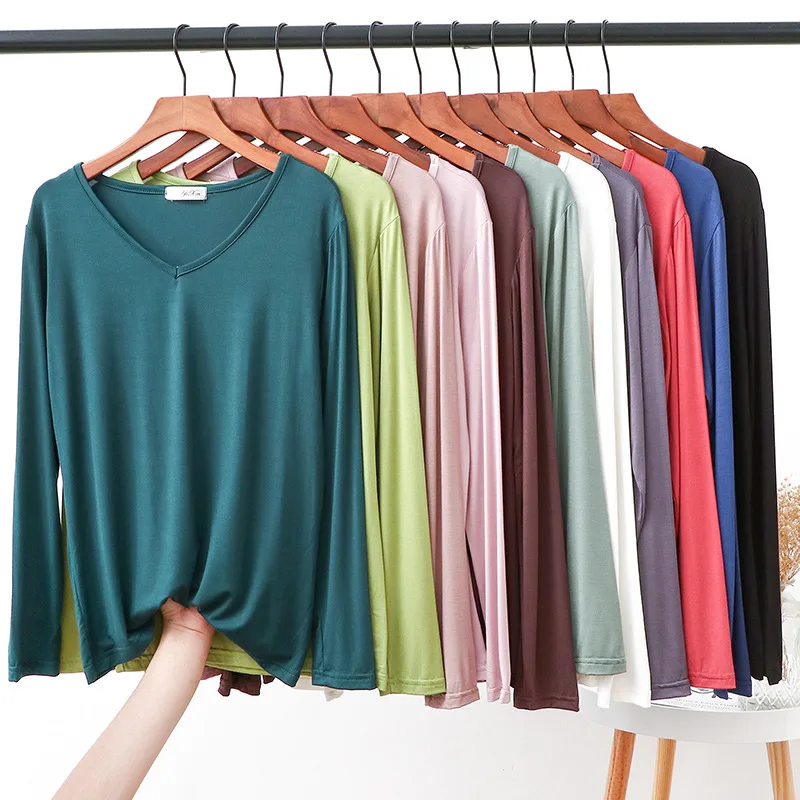 Autumn V Neck Tshirt Long sleeves Soft comfortable T-shirt 2025 Solid color Basic Bottoming Tee new Tops O Neck undershirt