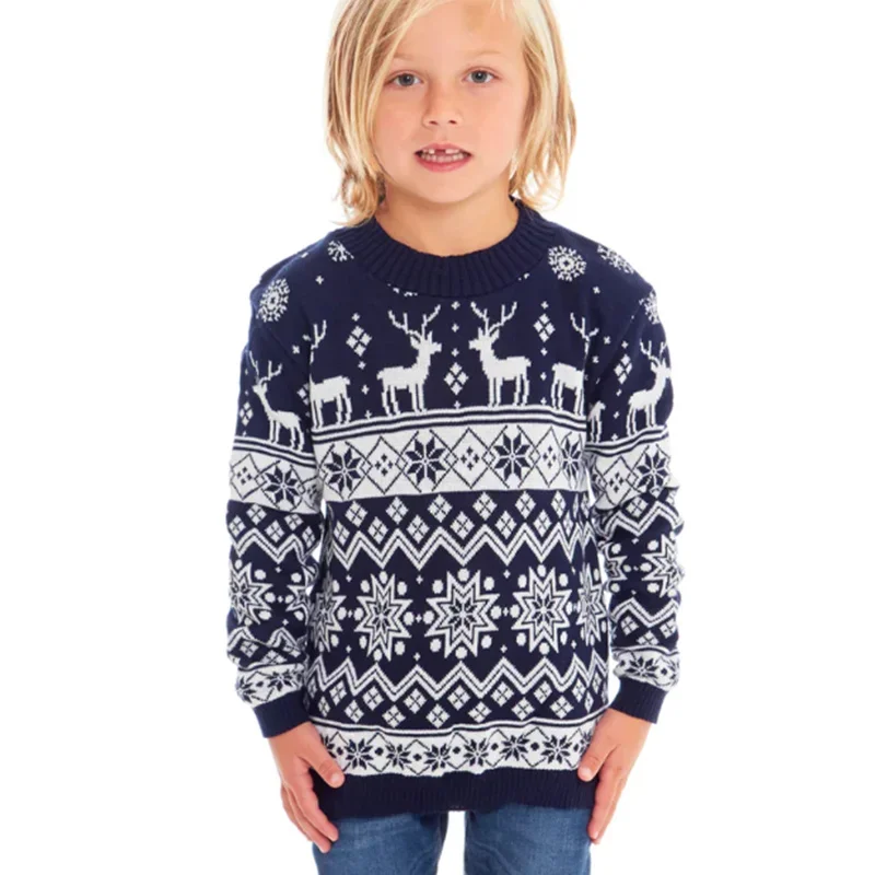 Family Christmas Sweater Winter Snowflake Print Warm Long Sleeve Round Neck Pullovers Knitted Tops Parent Child Outfit Tops