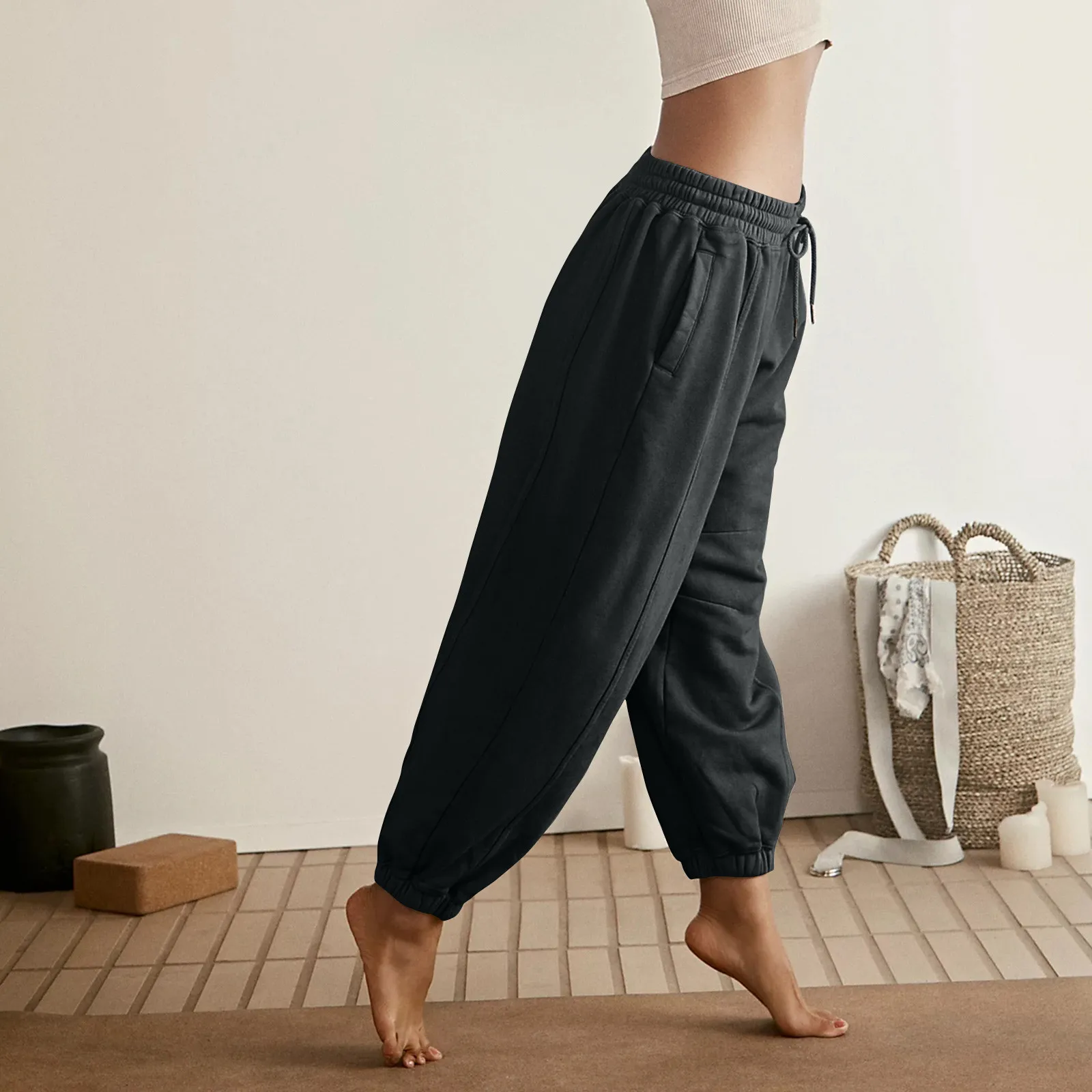 Autumn and Winter Women s High Waist Solid Color Casual Trousers Workout Sports Joggers Pants With Pockets