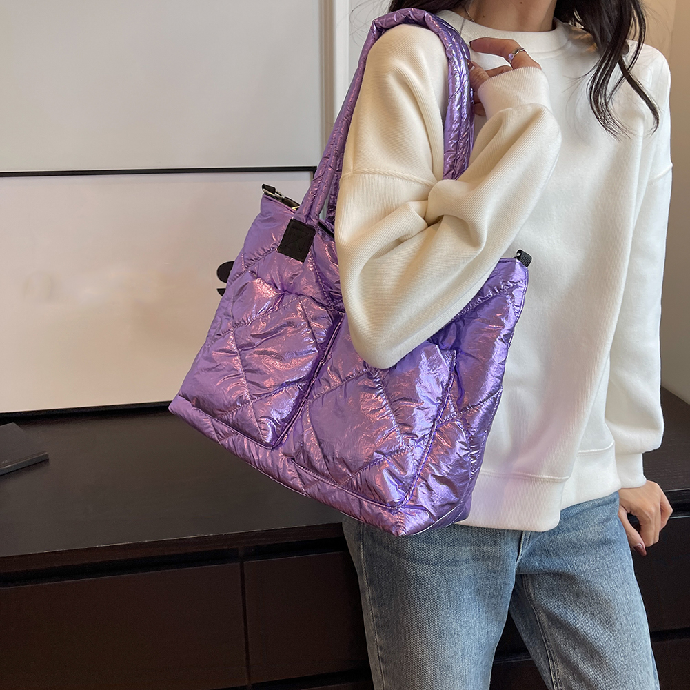 Travel Lightweight Down Padded Shoulder Bags for Women Quilted Puffy Handbag Portable Puffer Tote Bag Zipper Pocket Shopping Bag