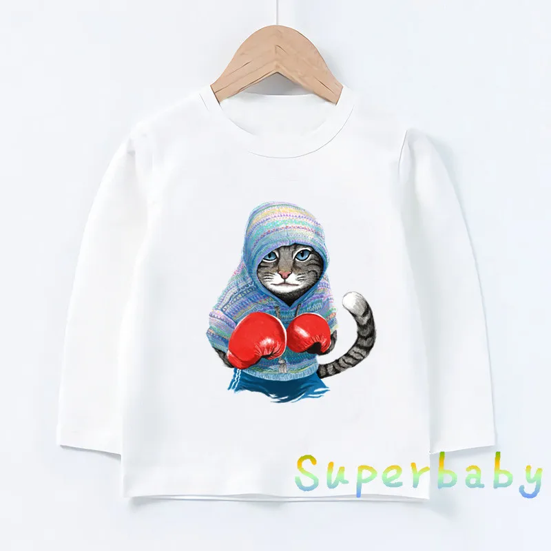 Kids T-Shirts Super Cool Boxing Cat Attack Print Funny new 2025 Girls Boys Clothes Autumn Baby Long Sleeve T shirt Casual Children Tops