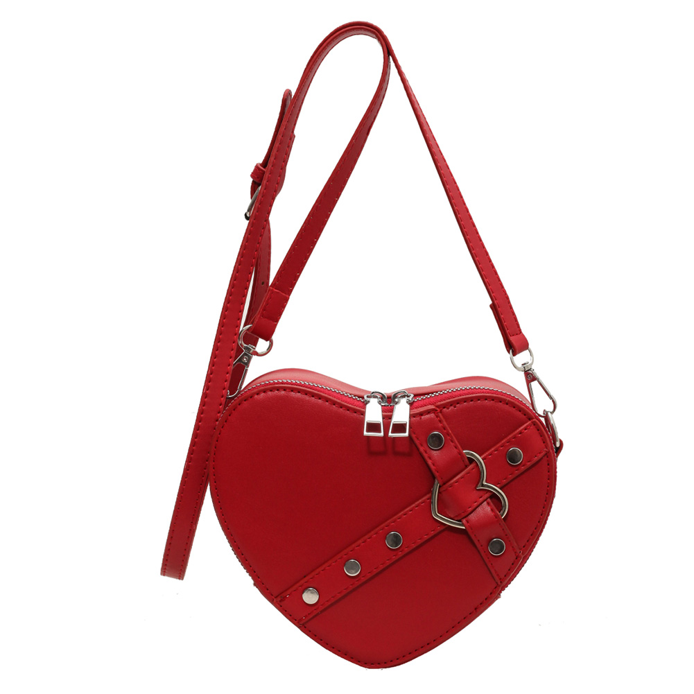Women Heart Crossbody Bags PU Leather Small Heart Rivet Bag Solid Color Adjustable Strap Female Outdoor Bag