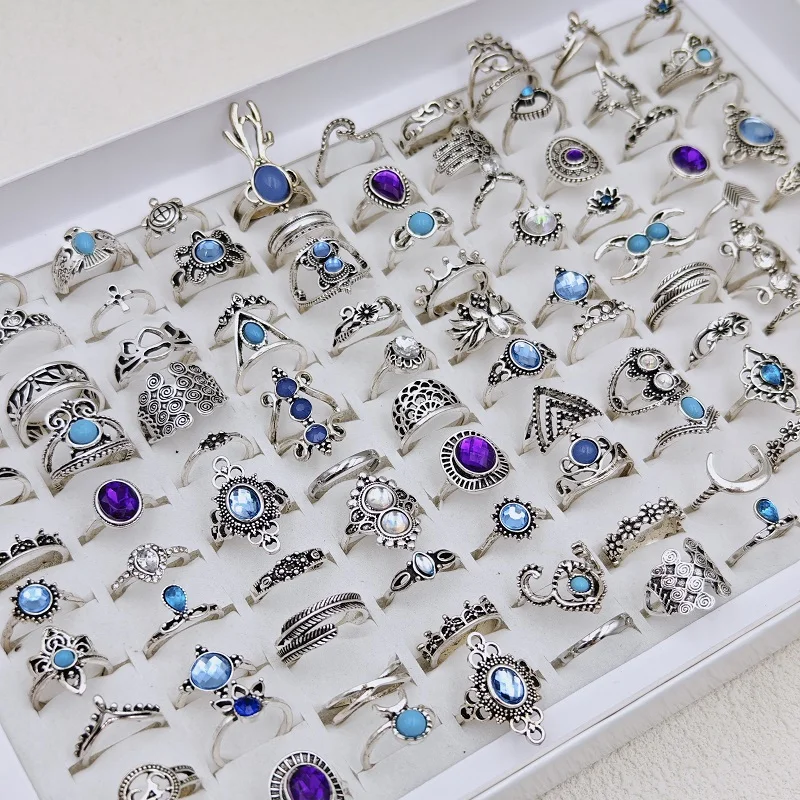 36Pcs/Lot Bohemia Vintage Silvery Rings for Women and Girl Mixed Alloy Crown Flower Finger Ring Charm Jewelry Gift Wholesale