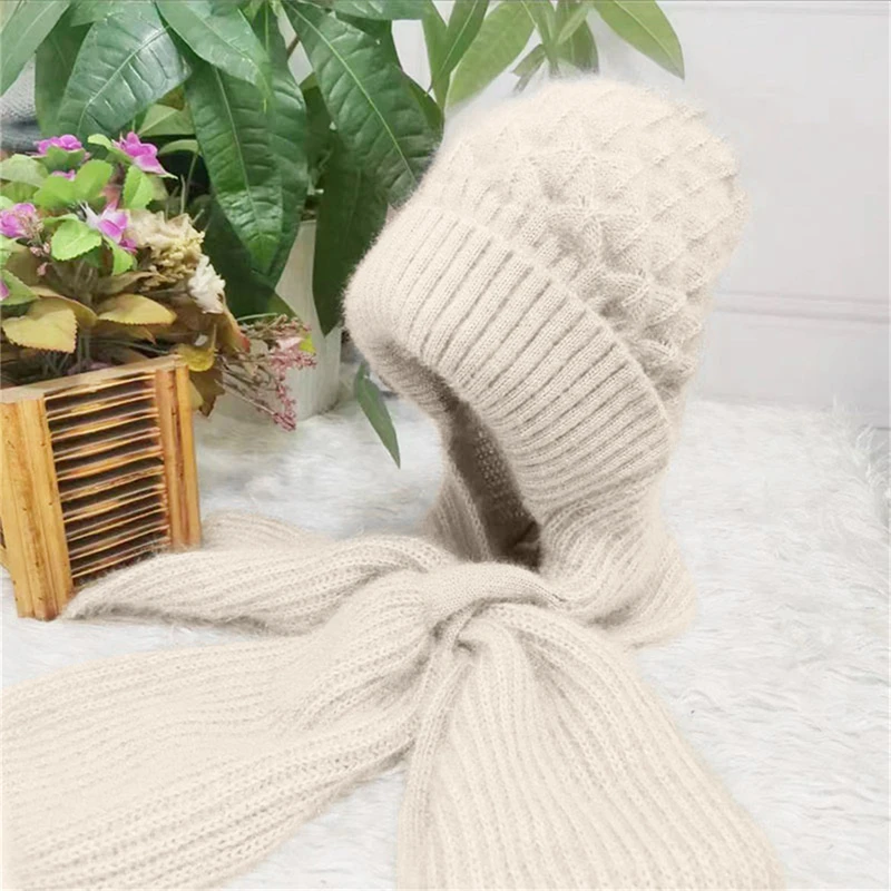 Winter Thermal 3 In 1 Hat Loebke Integrated Windproof Pullover Hat Hooded Scarf For Women Mask Scarf Plush Lining Knitted Hat smile