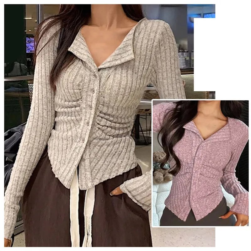 Sexy Knit Cardigan Women Long Sleeve Collar Sweater Autumn Korean Soft Slim Fit V Neck Knitwears Y2k Jumper Cropped Tops