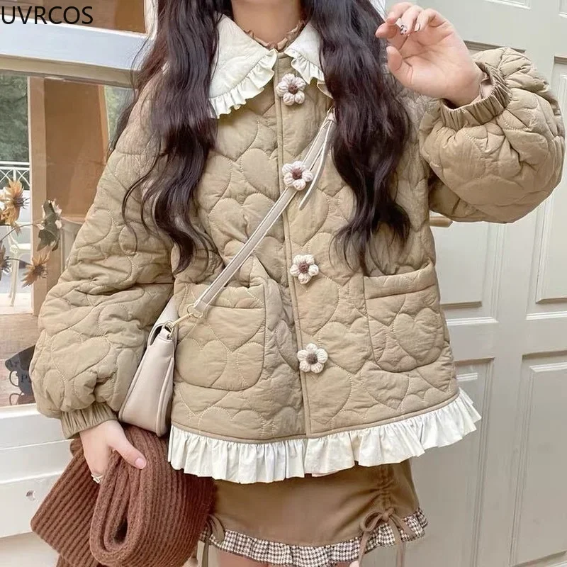 Korean new Style Cute 2025 Loose Warm Winter Jacket Women Chic Ruffle Neck Sweet Parkas Overcoat Japanese Haruku Kawai Padded Coat 2023