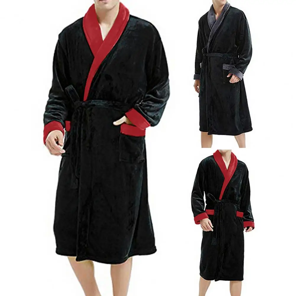 Men Winter Nightgown Thick Plush Print Coral Fleece Long Sleeve Tie Waist Pockets Homewear Sleepwear Robe Bathrobe
