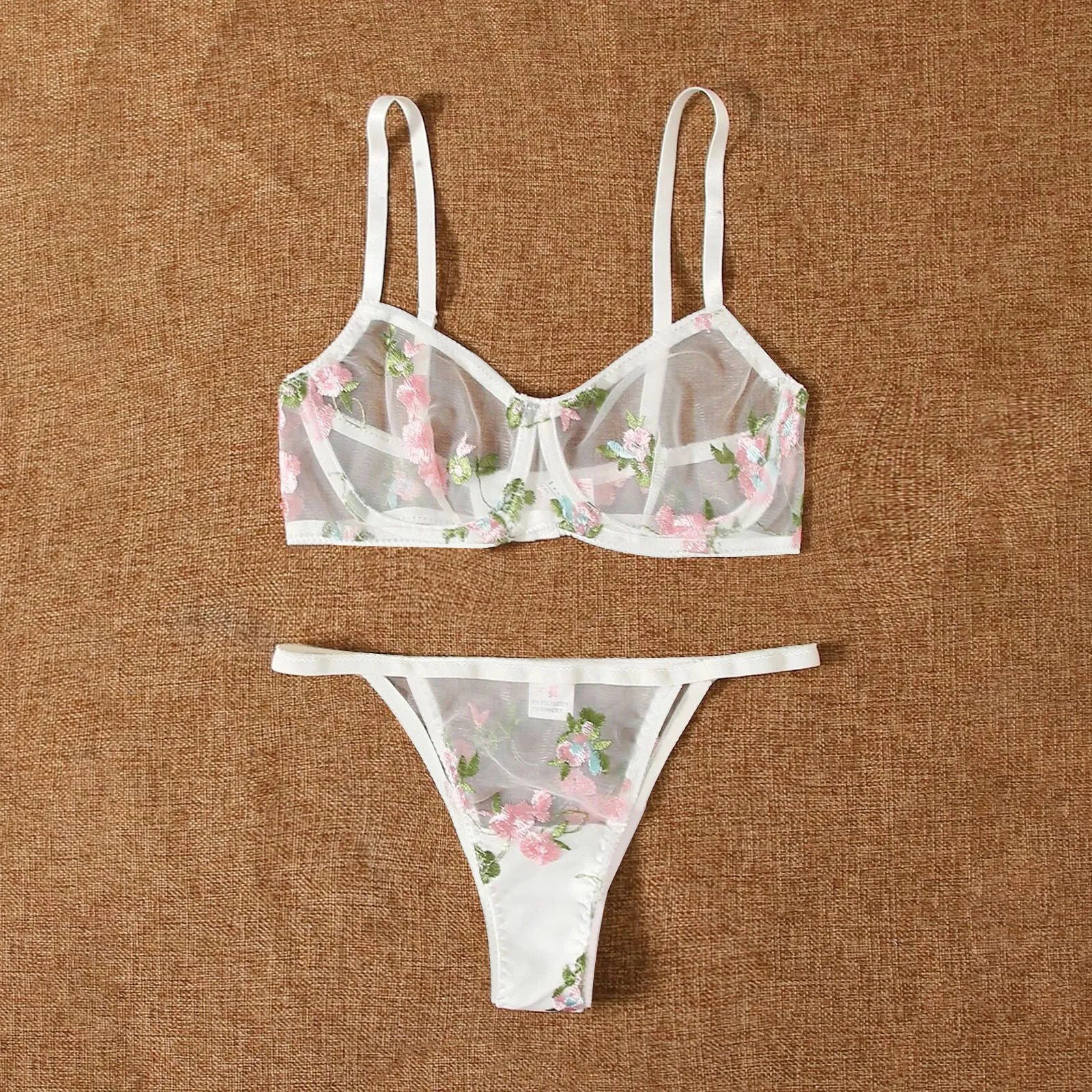 Mesh Pajama Sets For Women Ultra Thin Floral Print Nightwear Adjusted Straps Tops Low Rise Underwear Sleepwear Pyjama Pour Femme