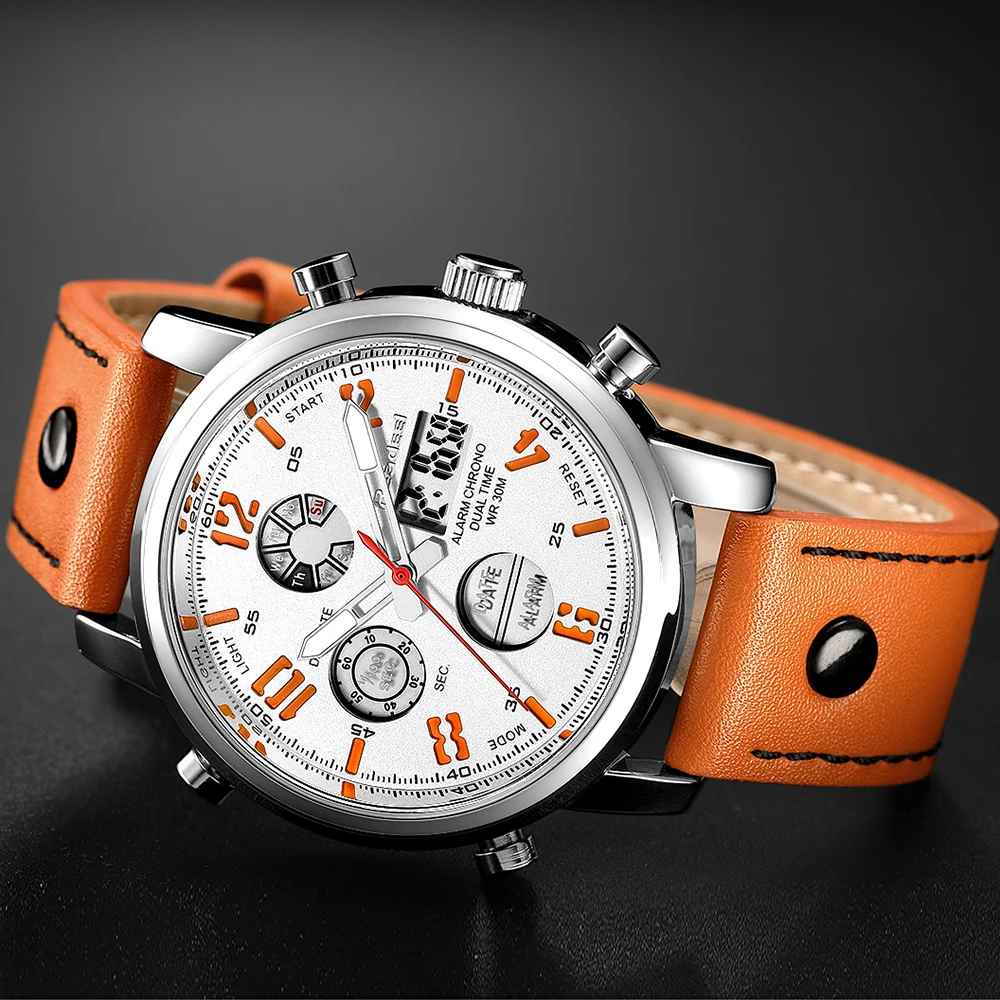 READEEL Sport Watches for Men Dual Display Waterproof Quartz Genuine Leather Wristwatch Digital LED Clock Male Relogio Masculino