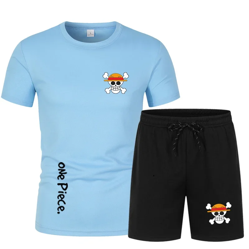 Summer Men's Kawaii Japanese Anime One Piece Sportswear Shorts Set Short Sleeve Breathable Grid T-Shirt & Shorts Casualwear