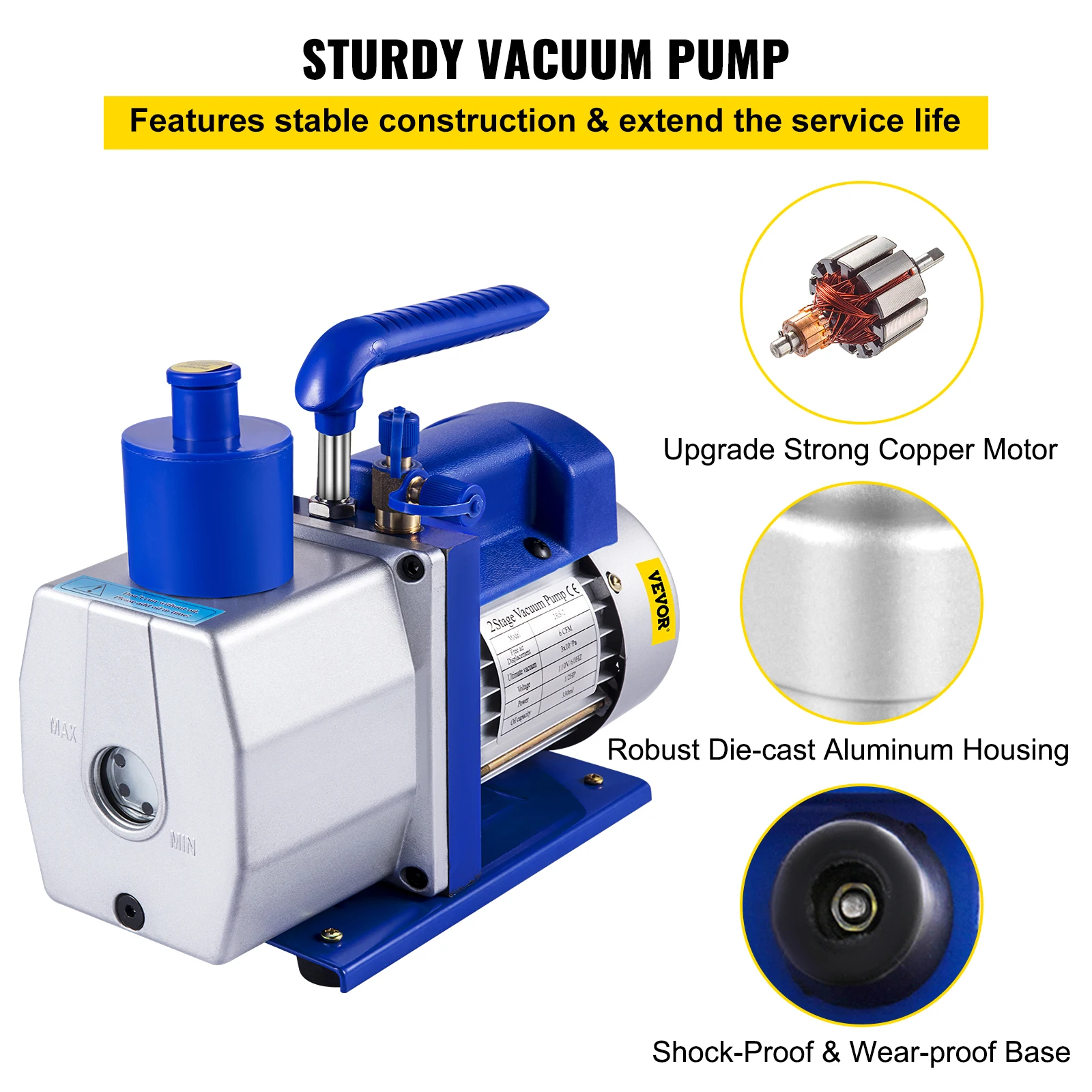 VEVOR Refrigerant Vacuum Pump 6CFM-10CFM Double Stage HVAC for Household Air Conditioning Cleaning Auto Repair Vacuum Packaging