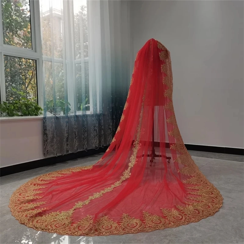 Real Gold Lace Bridal Veils Red Tulle With Comb Single Layer Cathedral Long Colored Wedding Veils for Brides Velos De Novia