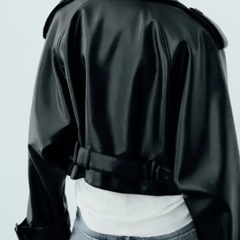 LKSK Short Oversized Leather Effect Trench Coats Fake Leather Cropped Short Jackets Ladies Long Sleeve Loose Women Coat